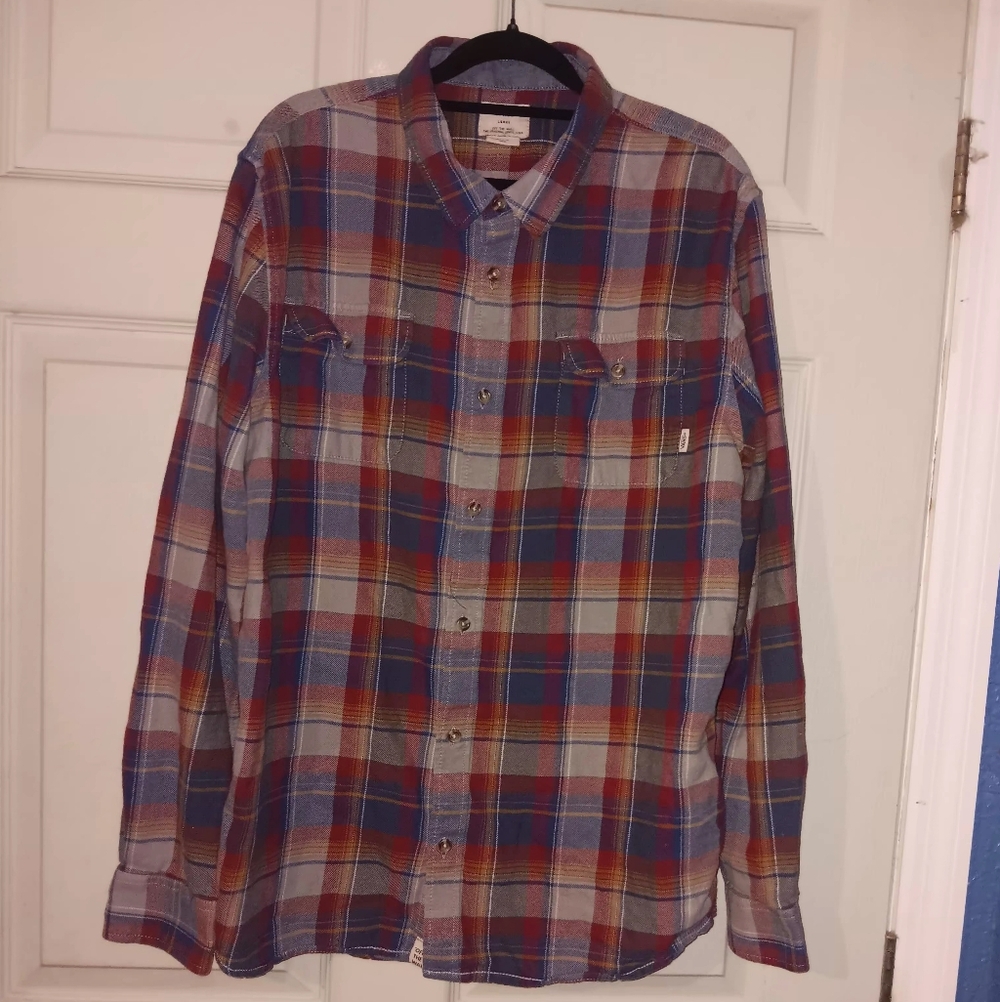 Vans Men's Plaid Flannel Shirt - Blue and Red Sz L